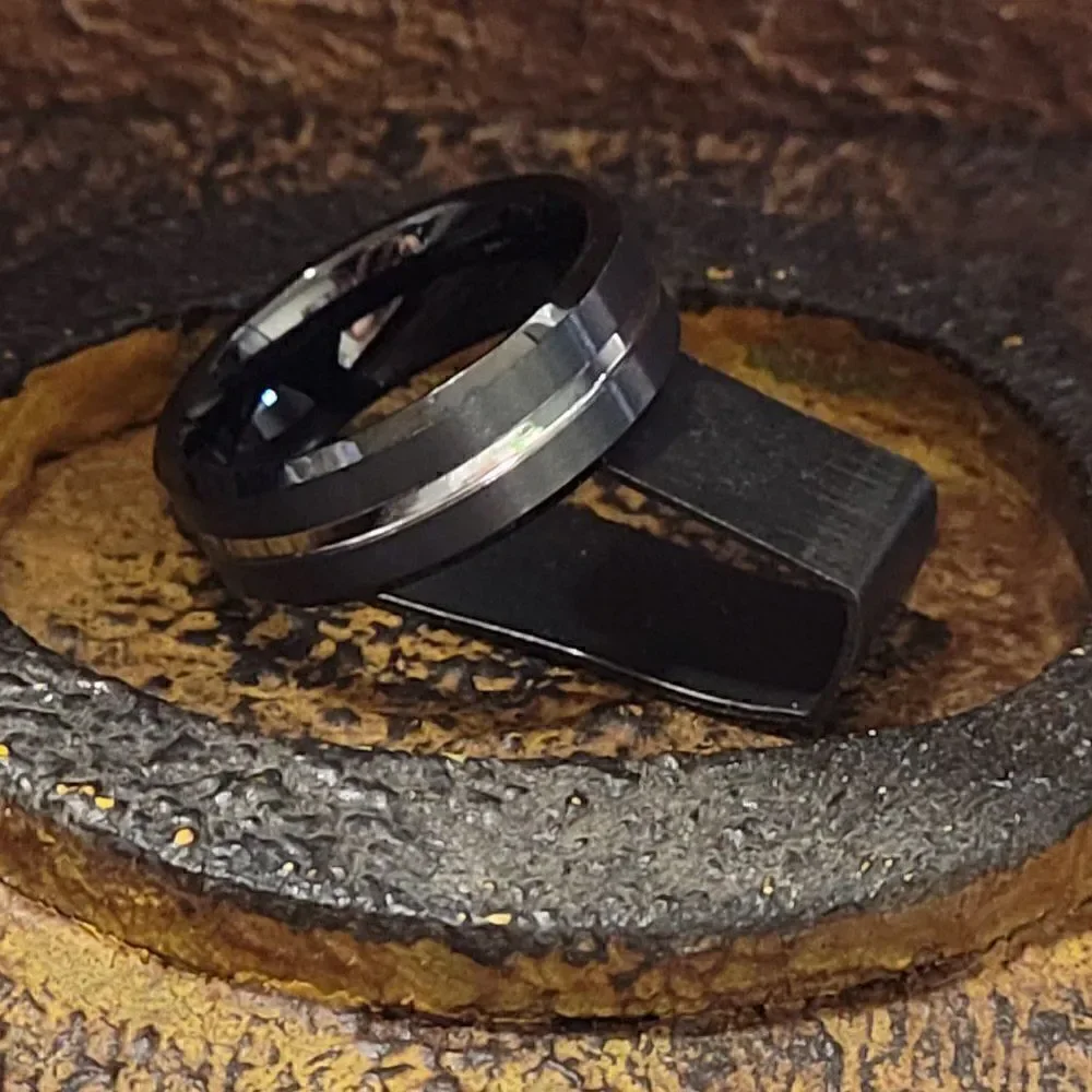 Personalized Engraved Men's Real Black Silver Groove Tungsten Wedding Ring